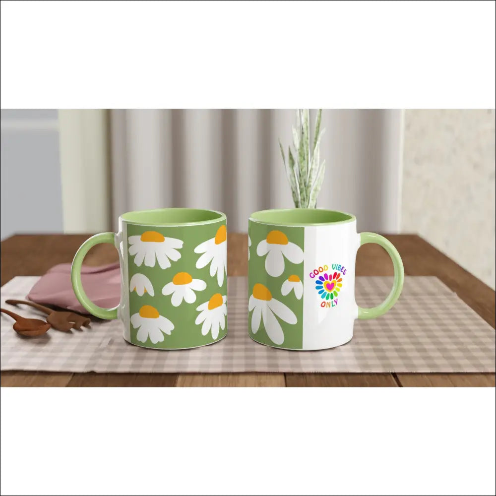 Vita Blommor Modern Keramik Kaffemugg Grön - Print Material