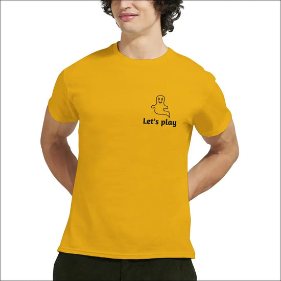 Halloween T-shirt med lilla lekfulla spöket - ’Let’s play’ - S / Guld - Print Material