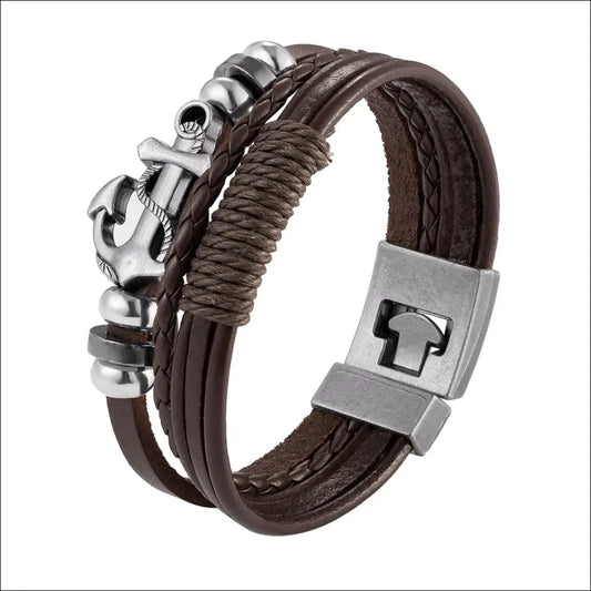 Läderarmband med silverfärgat stål och ankare - A2 / 21 cm - mutual